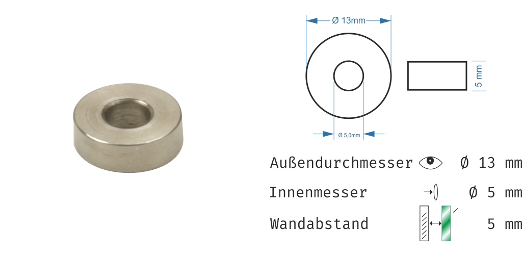 Distanzhülsen Edelstahl Basedow in 16 Größen<br>- WA: 5, 10, 15, 20 mm <br>- Ø:10, 13, 15, 18 mm<br>-  Loch-Ø: 4,1-5,2- 5,6-6,5 mm