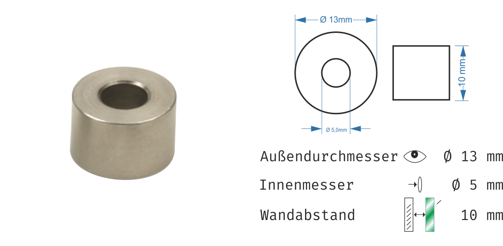 Distanzhülsen Edelstahl Basedow in 16 Größen<br>- WA: 5, 10, 15, 20 mm <br>- Ø:10, 13, 15, 18 mm<br>-  Loch-Ø: 4,1-5,2- 5,6-6,5 mm