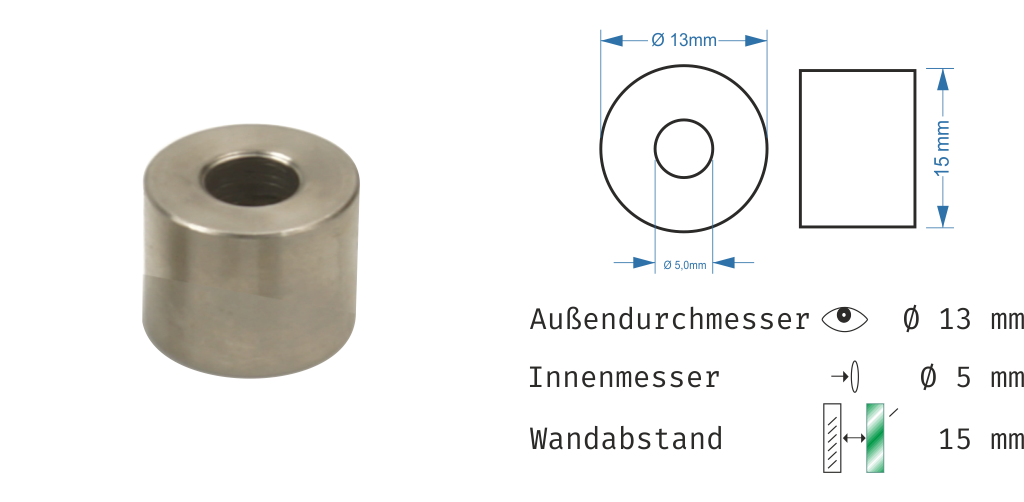 Distanzhülsen Edelstahl Basedow in 16 Größen<br>- WA: 5, 10, 15, 20 mm <br>- Ø:10, 13, 15, 18 mm<br>-  Loch-Ø: 4,1-5,2- 5,6-6,5 mm
