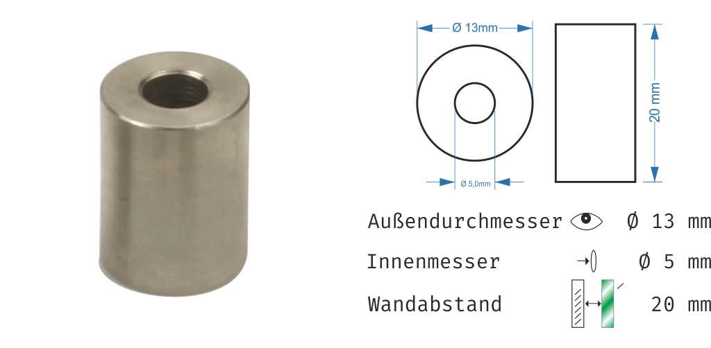 Distanzhülsen Edelstahl Basedow in 16 Größen<br>- WA: 5, 10, 15, 20 mm <br>- Ø:10, 13, 15, 18 mm<br>-  Loch-Ø: 4,1-5,2- 5,6-6,5 mm
