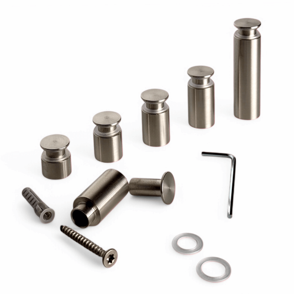 Abstandshalter Edelstahl schraubbar in 4 Größen - Pogeez<br>- Durchmesser 15 mm <br>- Plattenstärke 3-12mm <br>- Plattenbohrung 11mm<br>- WA 10, 15, 20, 25 mm <br>- Sonderbau ab 100Stck