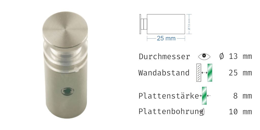 Abstandshalter mit Madenschraube und Linksgewinde M6 - WA: 15 / 25 mm, Ø 13 mm aus Edelstahl - Con Abstandshalter Con Klemmbereich 4-12mm abstandshalter-online.com WA 25 | 8mm Ohne Montagematerial
