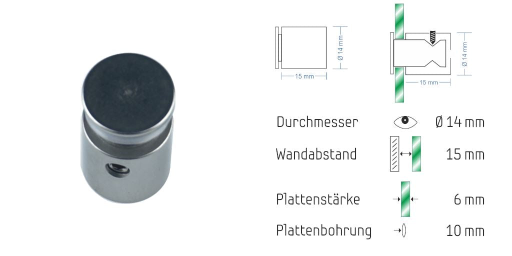 Abstandshalter mit Madenschraube Ø 14 mm, 6 oder 12 mm Plattenstärke,1l 