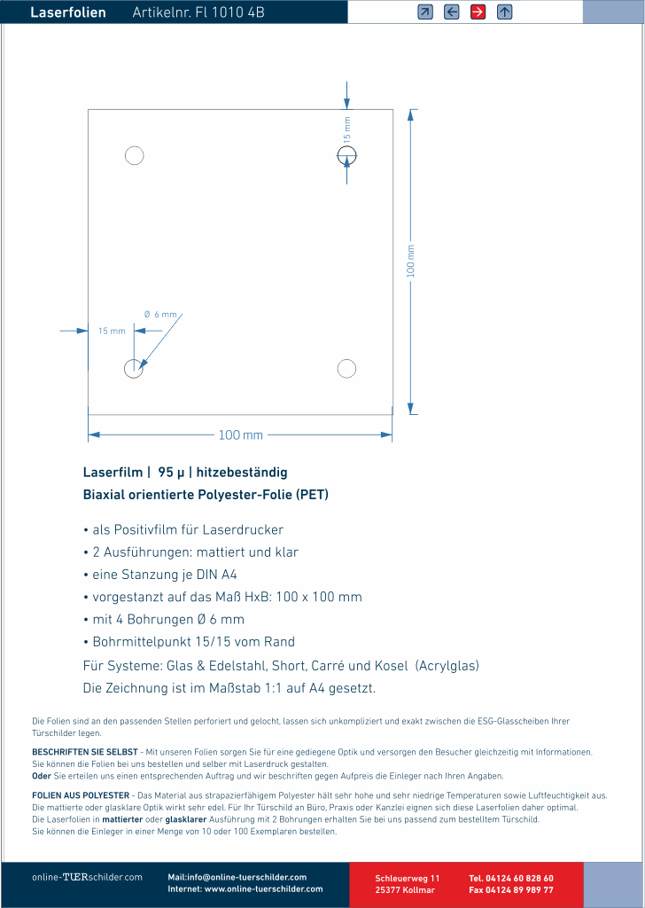 Laserfolie für Türschilder mit 4 Bohrungen 12