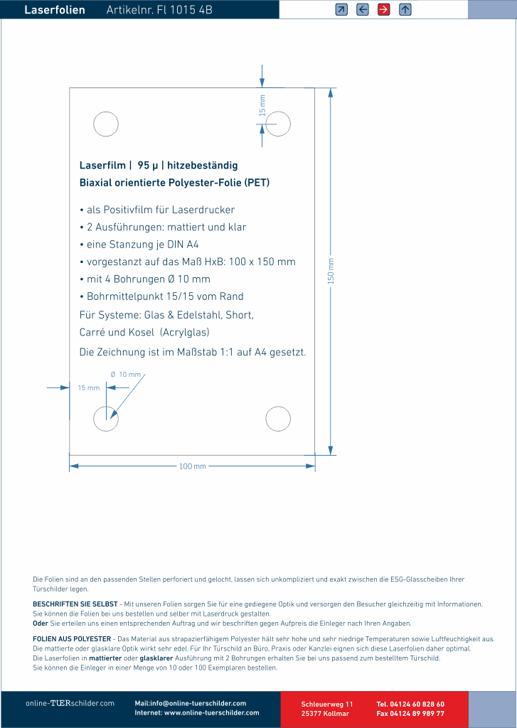 Laserfolie für Türschilder mit 4 Bohrungen 110