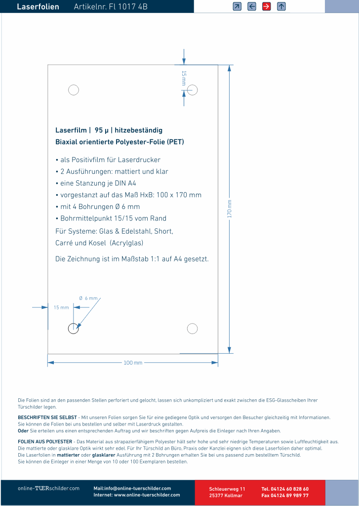 Laserfolie für Türschilder mit 4 Bohrungen 1101