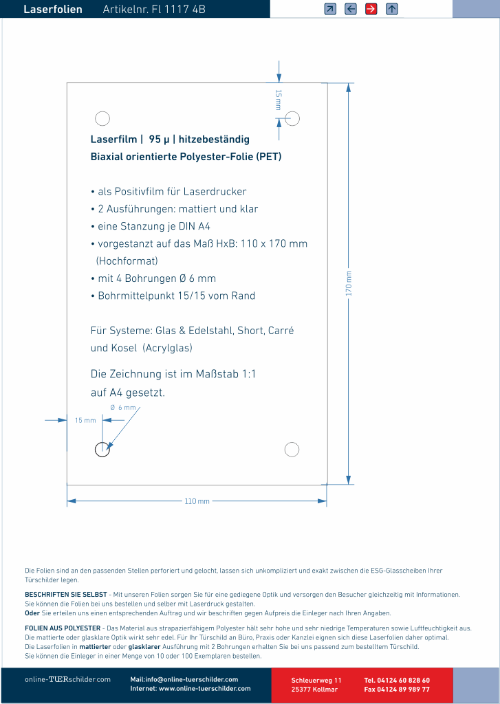 Laserfolie für Türschilder mit 4 Bohrungen 1107