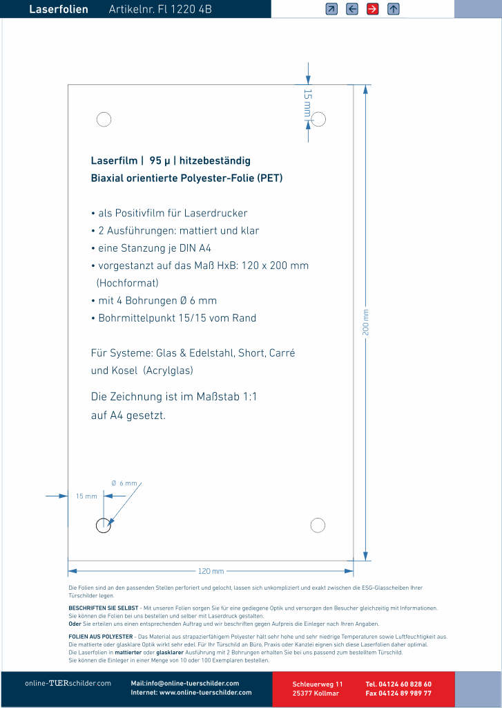 Laserfolie für Türschilder mit 4 Bohrungen 1103