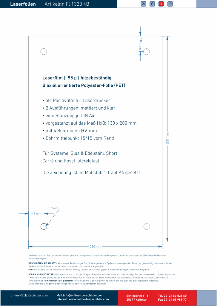 Laserfolie für Türschilder mit 4 Bohrungen 1105