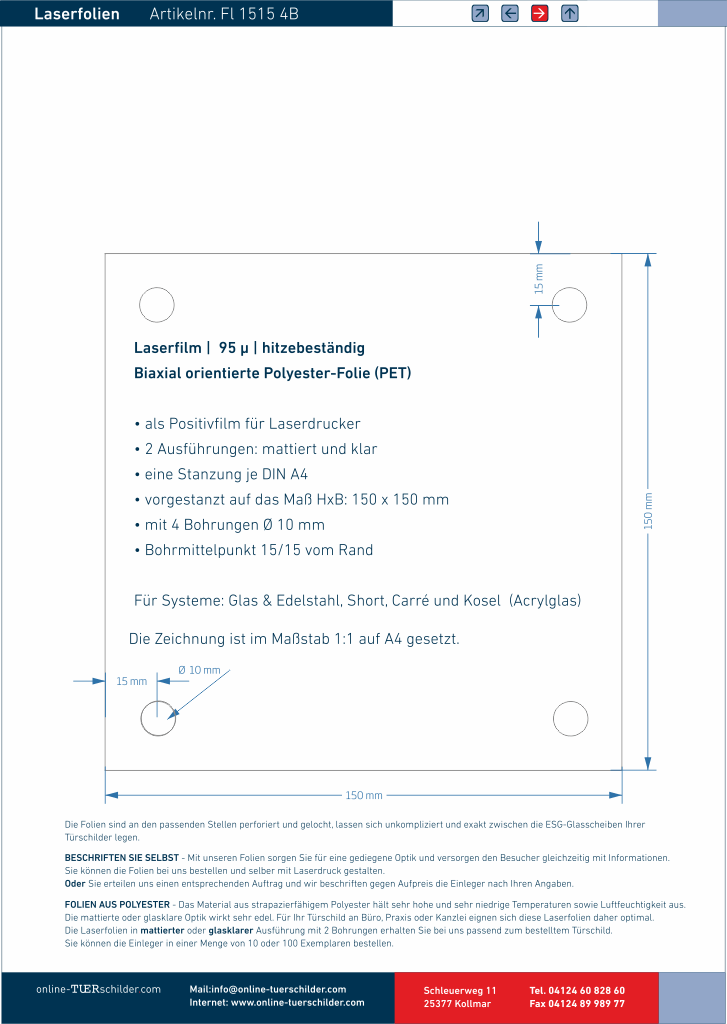 Laserfolie für Türschilder mit 4 Bohrungen 15