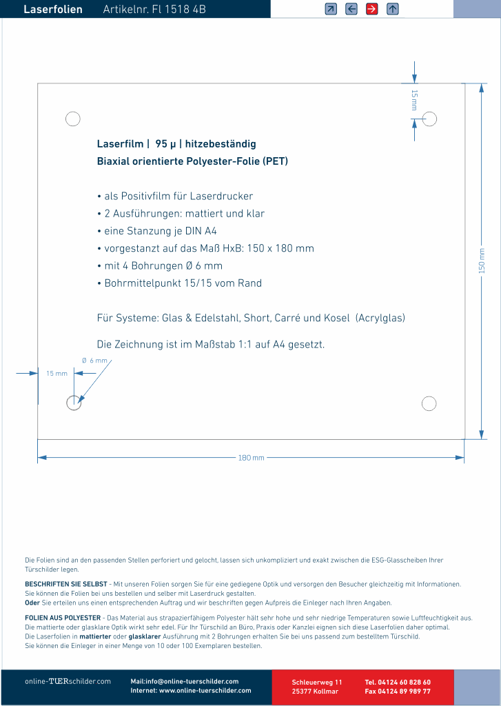 Laserfolie für Türschilder mit 4 Bohrungen 1107