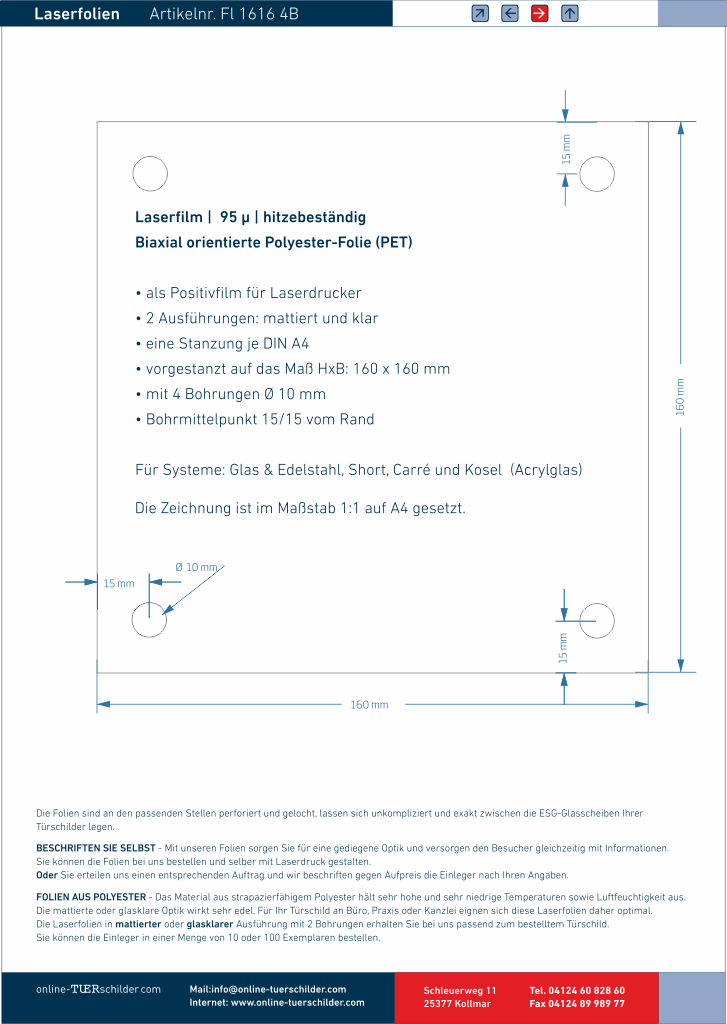 Laserfolie für Türschilder mit 4 Bohrungen 16