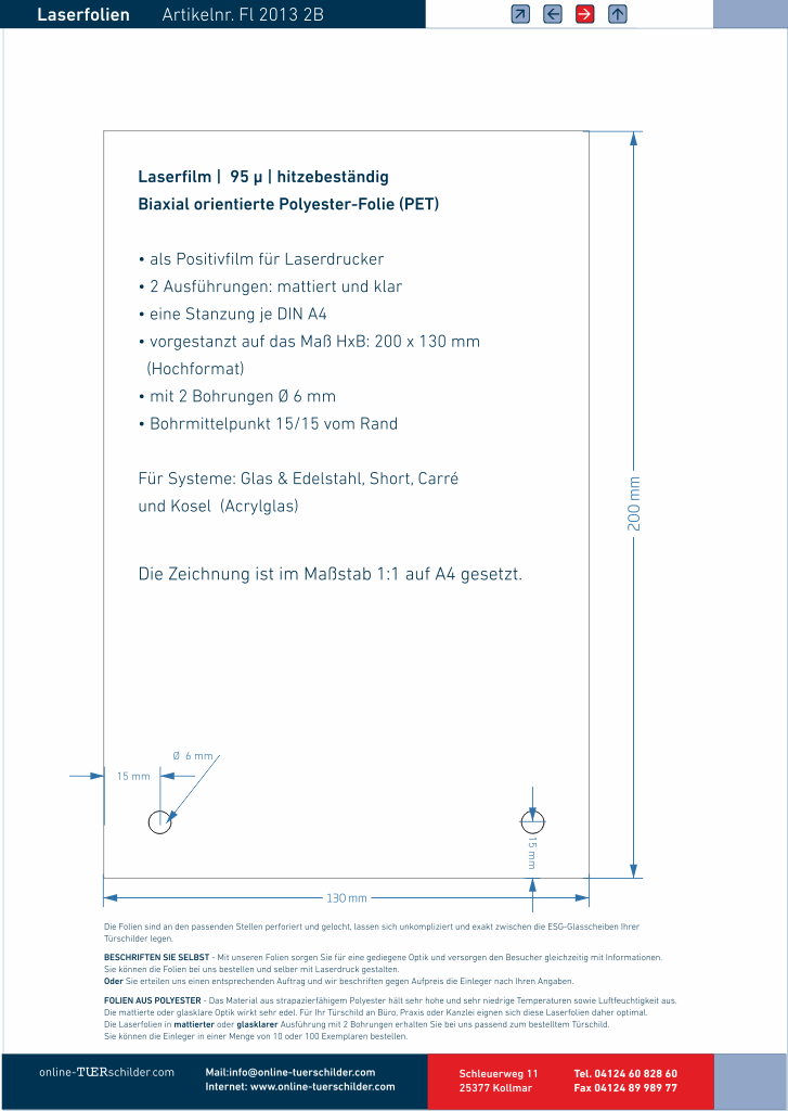 Laserfolien für Türschilder mit 2 Bohrungen 1107