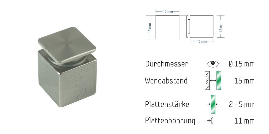Abstandshalter mit Madenschraube - 15x15 / 25x25 mm WA: 15 / 25 mm aus Edelstahl - Lindau Abstandshalter Lindau mit Inbus Klemmbereich 2-10mm abstandshalter-online.com WA 15 | Klemmbereich 2-5mm Ohne Montagematerial