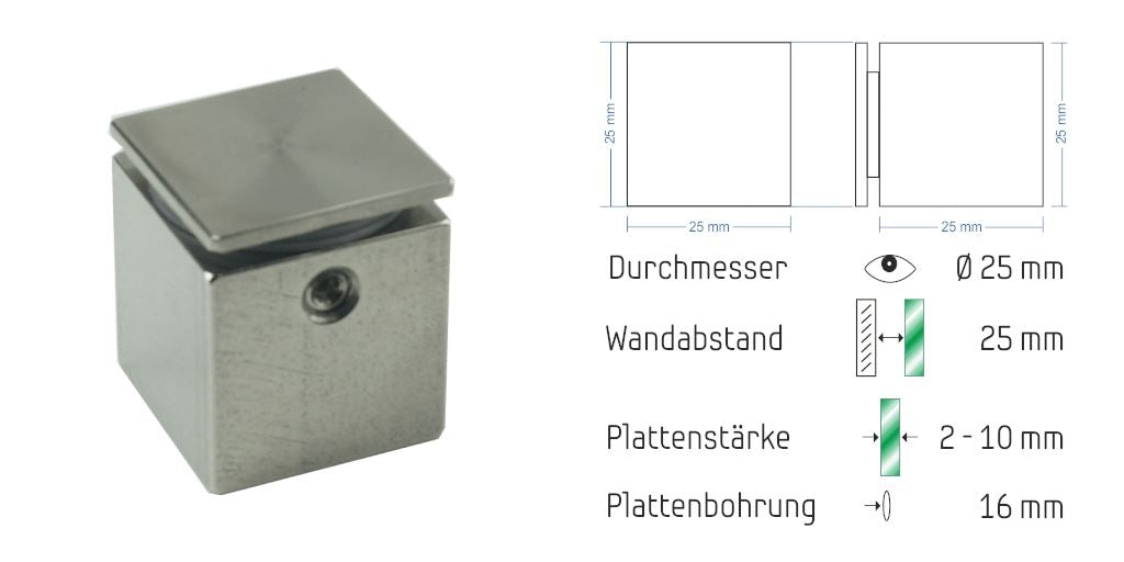 Abstandshalter mit Madenschraube - 15x15 / 25x25 mm WA: 15 / 25 mm aus Edelstahl - Lindau Abstandshalter Lindau mit Inbus Klemmbereich 2-10mm abstandshalter-online.com WA 25 | Klemmbereich 2-10mm Ohne Montagematerial