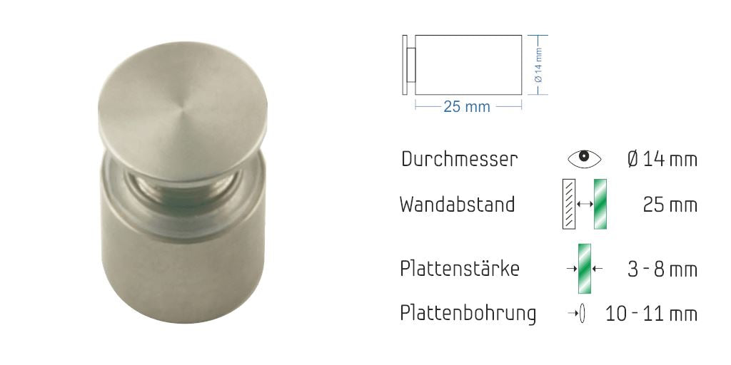 Abstandshalter List mit Linksgewinde Ø 14 mm aus Edelstahl Abstandshalter List zum Schrauben Klemmbereich 3-8mm abstandshalter-online.com Wandabstand 25mm Ohne Montagematerial