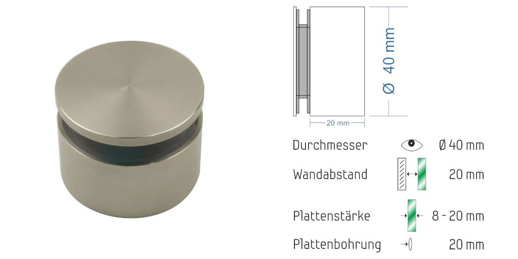 Abstandshalter Mühbrook mit Linksgewinde für 8 - 20 mm Plattenstärke aus Edelstahl Abstandshalter Mühbrook zum Schrauben Klemmbereich 3-18mm abstandshalter-online.com WA 20mm | Klemmbereich 8-12mm Ohne Montagematerial