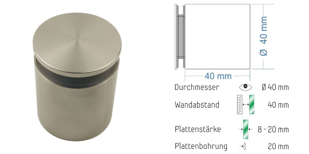 Abstandshalter Mühbrook mit Linksgewinde für 8 - 20 mm Plattenstärke aus Edelstahl Abstandshalter Mühbrook zum Schrauben Klemmbereich 3-18mm abstandshalter-online.com WA 40mm | Klemmbereich 8-20mm Ohne Montagematerial