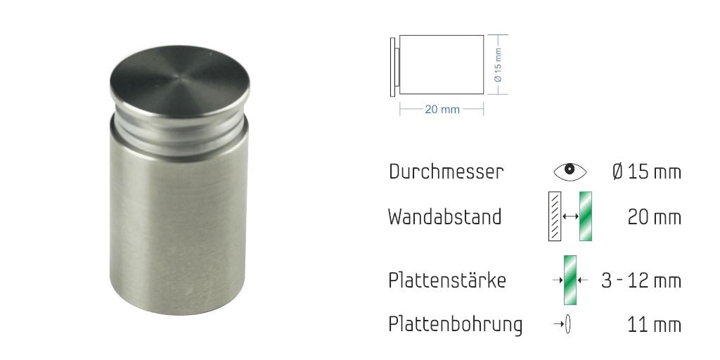 Abstandshalter Pogeez mit Linksgewinde für 3 bis 12 mm Materialstärke aus Edelstahl Abstandshalter Pogeez zum Schrauben Klemmbereich 3-12mm abstandshalter-online.com Für Materialstärke von 3 bis 12 mm | Wandabstand 20 mm Ohne Montagematerial