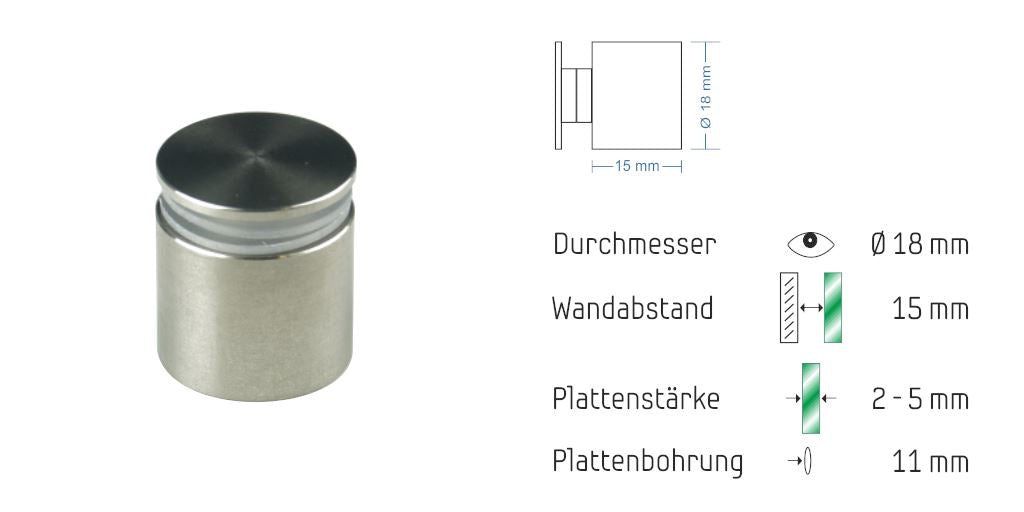 Abstandshalter mit Madenschraube - Ø 18 mm WA: 15 / 20 / 30 mm aus Edelstahl - Steinburg Abstandshalter Steinburg mit Inbus Klemmbereich 2-18mm abstandshalter-online.com