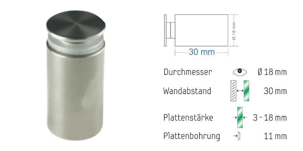 Abstandshalter mit Madenschraube - Ø 18 mm WA: 15 / 20 / 30 mm aus Edelstahl - Steinburg Abstandshalter Steinburg mit Inbus Klemmbereich 2-18mm abstandshalter-online.com