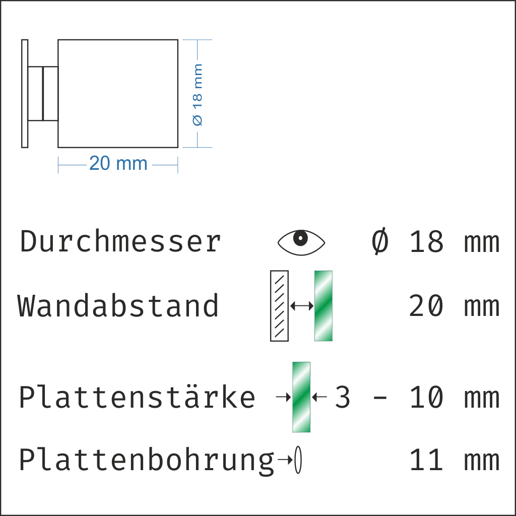 Abstandshalter mit Madenschraube - Ø 18 mm WA: 15 / 20 / 30 mm aus Edelstahl - Steinburg