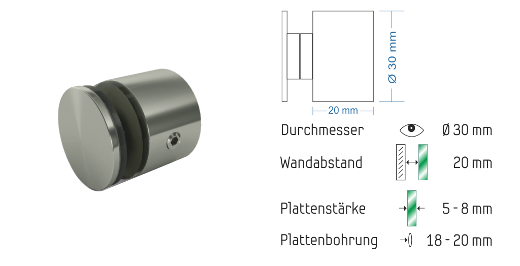 Abstandshalter mit Madenschraube - Ø 30 mm WA: 20 / 30 / 40mm aus Edelstahl - Ziehten