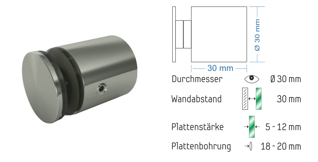 Abstandshalter mit Madenschraube - Ø 30 mm WA: 20 / 30 / 40mm aus Edelstahl - Ziehten