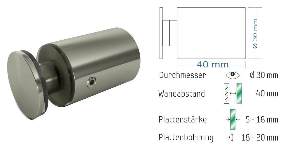 Abstandshalter mit Madenschraube - Ø 30 mm WA: 20 / 30 / 40mm aus Edelstahl