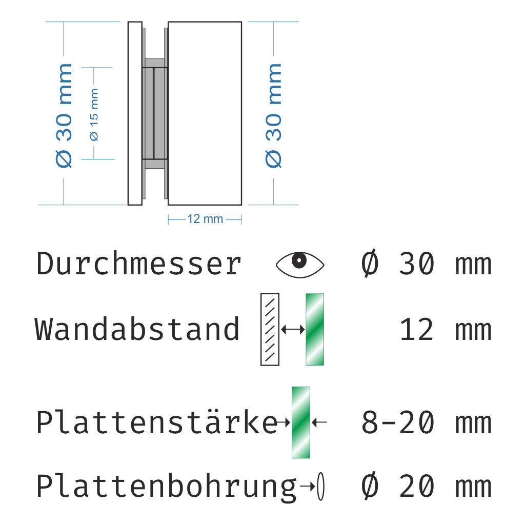 Abstandshalter Koldenbüttel mit Linksgewinde und Holder-Key für Plattenstärke 8-20 mm aus Edelstahl Abstandshalter Koldenbüttel zum Schrauben Klemmbereich 8-20mm abstandshalter-online.com