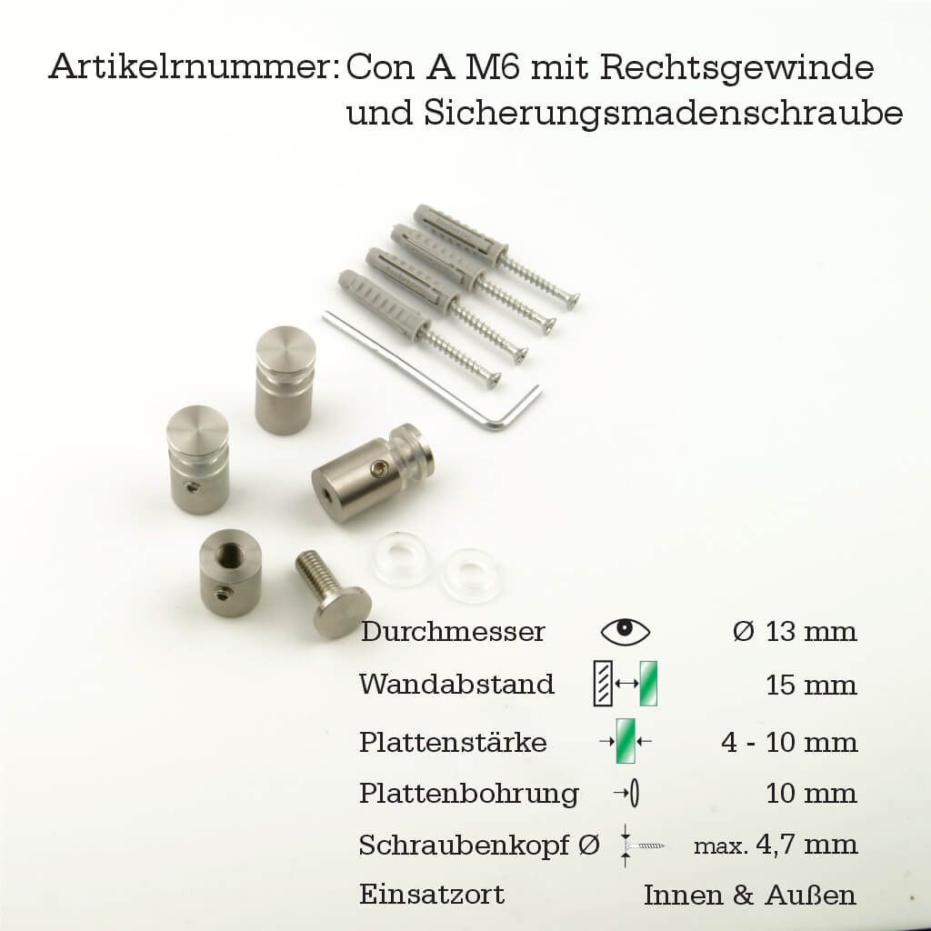 Abstandshalter Edelstahl mit Inbus M6 in 3 Größen - Con<br>- Ø 13 mm<br>- WA 15, 25mm<br>- KB 8, 4-12mm<br>- Wandabstandshalter