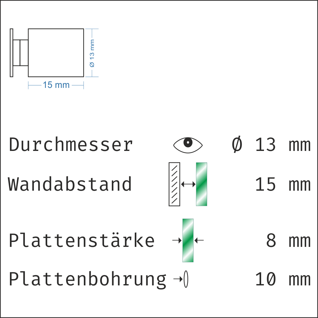Abstandshalter Edelstahl mit Inbus M6 in 3 Größen - Con<br>- Ø 13 mm<br>- WA 15, 25mm<br>- KB 8, 4-12mm<br>- Wandabstandshalter