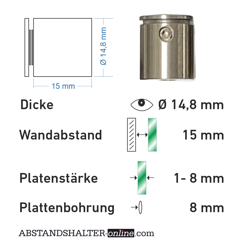 Abstandshalter mit Madenschraube  - für 1-8 mm Plattenstärke, WA: 15 mm Looft aus Edelstahl
