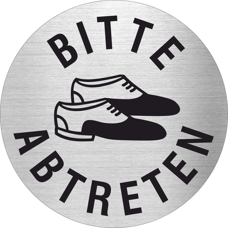 Piktogramm Bitte Schuhe abtreten aus Edelstahl Piktogramm Bitte Schuhe abtreten www.abstandshalter-online.com/ Ø60mm 