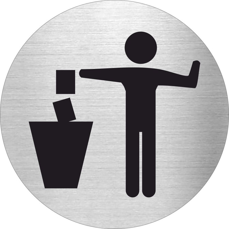 Piktogramm Müll wegwerfen aus Edelstahl Piktogramm Müll wegwerfen www.abstandshalter-online.com/ Ø60mm 