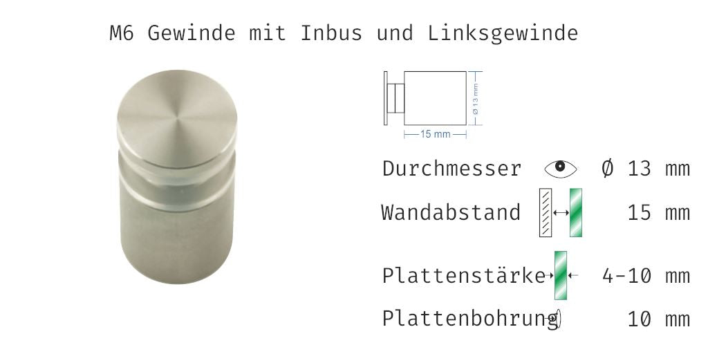 Abstandshalter mit Madenschraube und Linksgewinde M6 - WA: 15 / 25 mm, Ø 13 mm aus Edelstahl - Con Abstandshalter Con Klemmbereich 4-12mm abstandshalter-online.com WA 15 | KB 4-12mm | M6 Gewinde Ohne Montagematerial 