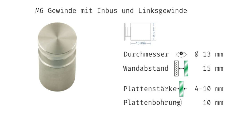 Abstandshalter mit Madenschraube und Linksgewinde M6 - WA: 15 / 25 mm, Ø 13 mm aus Edelstahl - Con Abstandshalter Con Klemmbereich 4-12mm abstandshalter-online.com WA 15 | KB 4-12mm | M6 Gewinde Ohne Montagematerial 