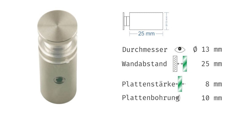 Abstandshalter mit Madenschraube und Linksgewinde M6 - WA: 15 / 25 mm, Ø 13 mm aus Edelstahl - Con Abstandshalter Con Klemmbereich 4-12mm abstandshalter-online.com WA 25 | 8mm Ohne Montagematerial 