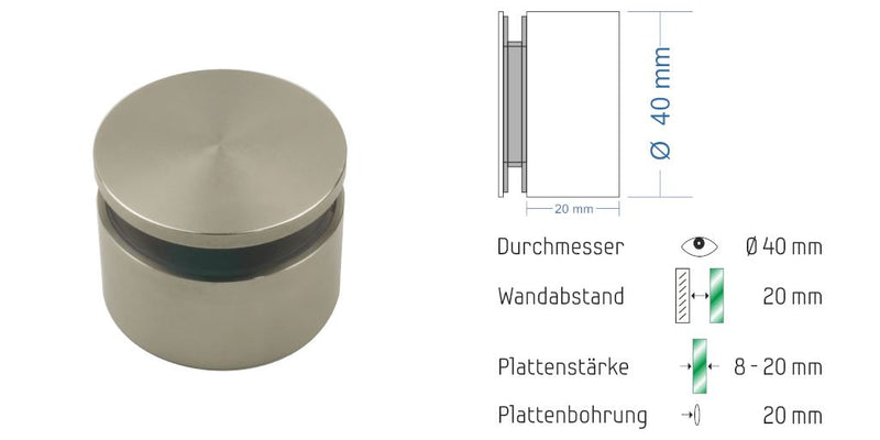 Abstandshalter Mühbrook mit Linksgewinde für 8 - 20 mm Plattenstärke aus Edelstahl Abstandshalter Mühbrook zum Schrauben Klemmbereich 3-18mm abstandshalter-online.com WA 20mm | Klemmbereich 8-12mm Ohne Montagematerial 