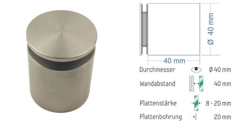 Abstandshalter Mühbrook mit Linksgewinde für 8 - 20 mm Plattenstärke aus Edelstahl Abstandshalter Mühbrook zum Schrauben Klemmbereich 3-18mm abstandshalter-online.com WA 40mm | Klemmbereich 8-20mm Ohne Montagematerial 