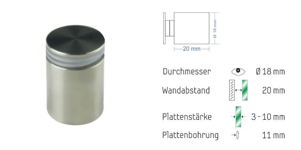 Abstandshalter mit Madenschraube - Ø 18 mm WA: 15 / 20 / 30 mm aus Edelstahl - Steinburg Abstandshalter Steinburg mit Inbus Klemmbereich 2-18mm abstandshalter-online.com 