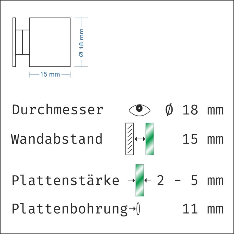 Abstandshalter mit Madenschraube - Ø 18 mm WA: 15 / 20 / 30 mm aus Edelstahl - Steinburg Abstandshalter Steinburg mit Inbus Klemmbereich 2-18mm abstandshalter-online.com Für Materialstärke von 2 bis 5 mm | Wandabstand 15 mm Ohne Montagematerial 
