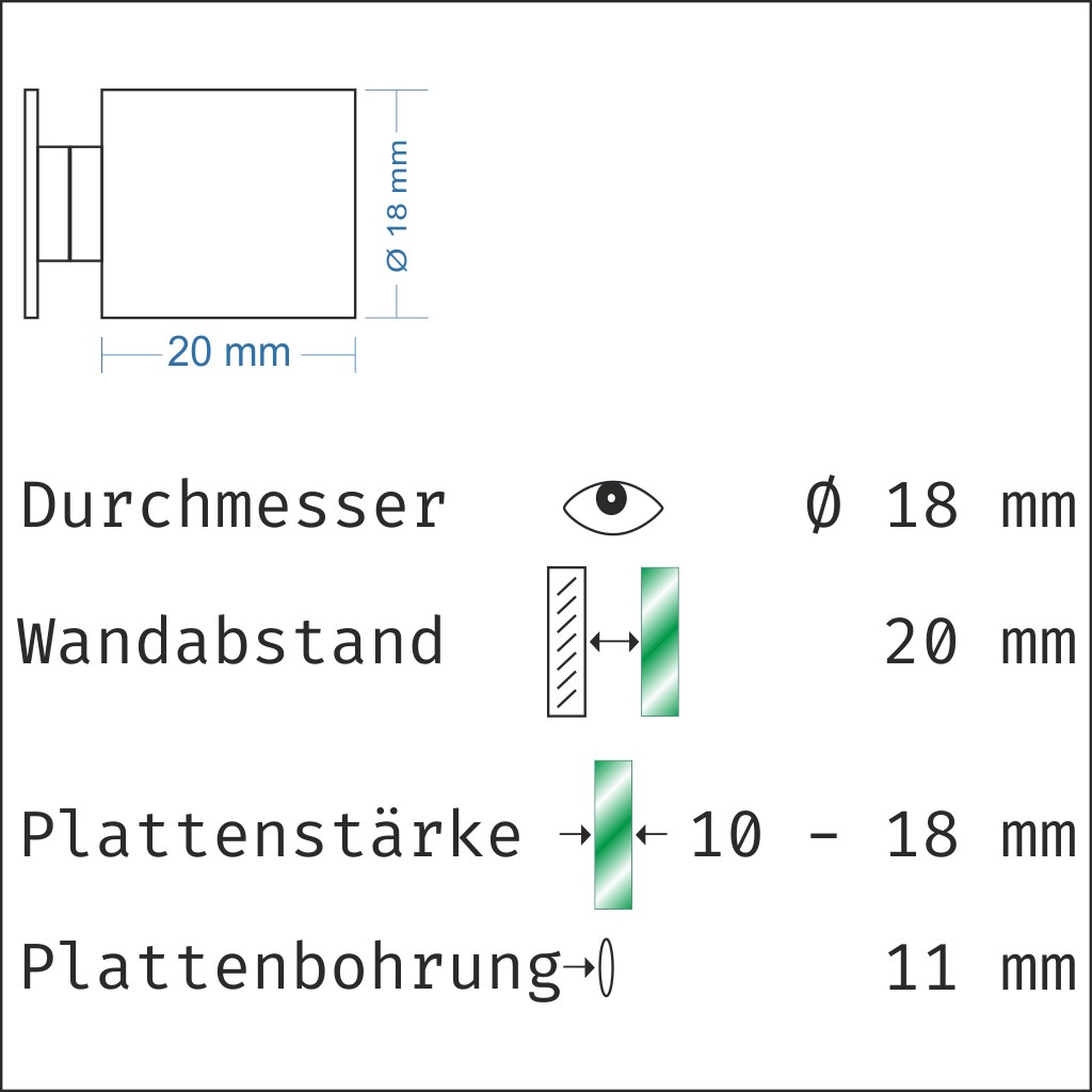 Abstandshalter mit Madenschraube - Ø 18 mm WA: 15 / 20 / 30 mm aus Edelstahl - Steinburg 