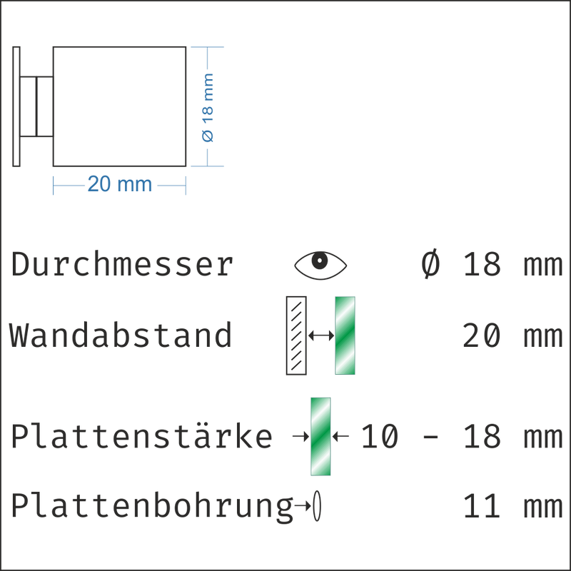 Abstandshalter mit Madenschraube - Ø 18 mm WA: 15 / 20 / 30 mm aus Edelstahl - Steinburg Abstandshalter Steinburg mit Inbus Klemmbereich 2-18mm abstandshalter-online.com Für Materialstärke von 10 bis 18 mm | Wandabstand 20 mm Ohne Montagematerial 
