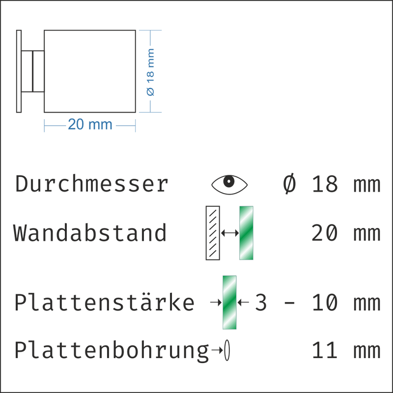 Abstandshalter mit Madenschraube - Ø 18 mm WA: 15 / 20 / 30 mm aus Edelstahl - Steinburg Abstandshalter Steinburg mit Inbus Klemmbereich 2-18mm abstandshalter-online.com Für Materialstärke von 3 bis 10 mm | Wandabstand 20 mm Ohne Montagematerial 