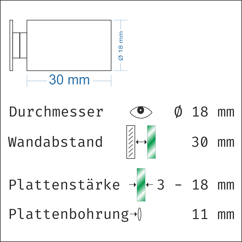 Abstandshalter mit Madenschraube - Ø 18 mm WA: 15 / 20 / 30 mm aus Edelstahl - Steinburg 