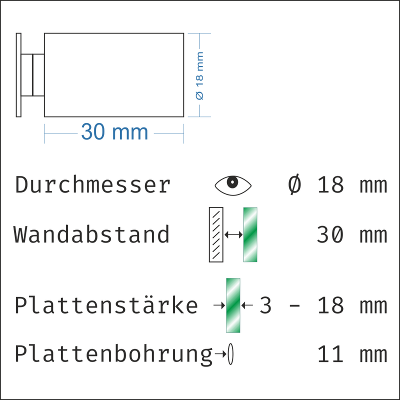 Abstandshalter mit Madenschraube - Ø 18 mm WA: 15 / 20 / 30 mm aus Edelstahl - Steinburg Abstandshalter Steinburg mit Inbus Klemmbereich 2-18mm abstandshalter-online.com Für Materialstärke von 3 bis 18 mm | Wandabstand 30 mm Ohne Montagematerial 