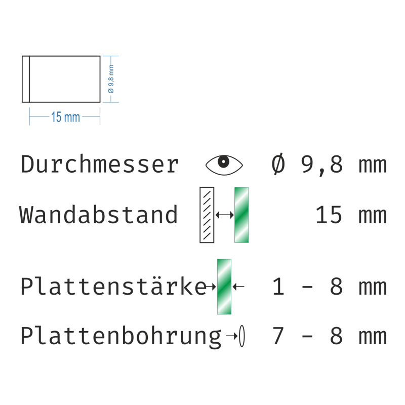 Abstandshalter mit Madenschraube - Ø 10 mm - WA: 15 mm aus Edelstahl - Lieth Abstandshalter Lieth mit Inbus Klemmbereich 1-8mm abstandshalter-online.com 