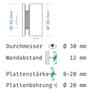 Abstandshalter Koldenbüttel mit Linksgewinde und Holder-Key für Plattenstärke 8-20 mm aus Edelstahl Abstandshalter Koldenbüttel zum Schrauben Klemmbereich 8-20mm abstandshalter-online.com 