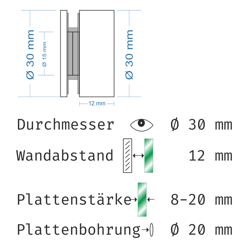 Abstandshalter Koldenbüttel mit Linksgewinde und Holder-Key für Plattenstärke 8-20 mm aus Edelstahl Abstandshalter Koldenbüttel zum Schrauben Klemmbereich 8-20mm abstandshalter-online.com 